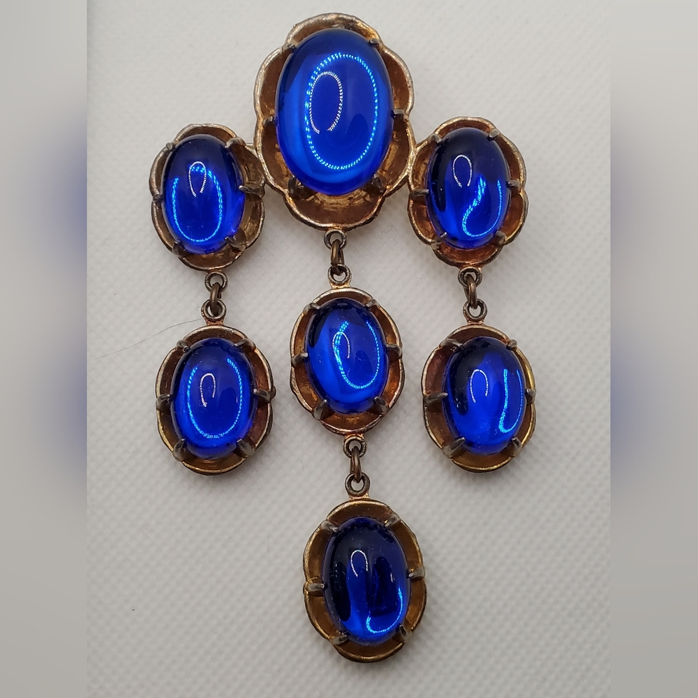 Cobalt Blue Mirror Glass Dangle Brooch Cabochons Regency Style 4 inch
